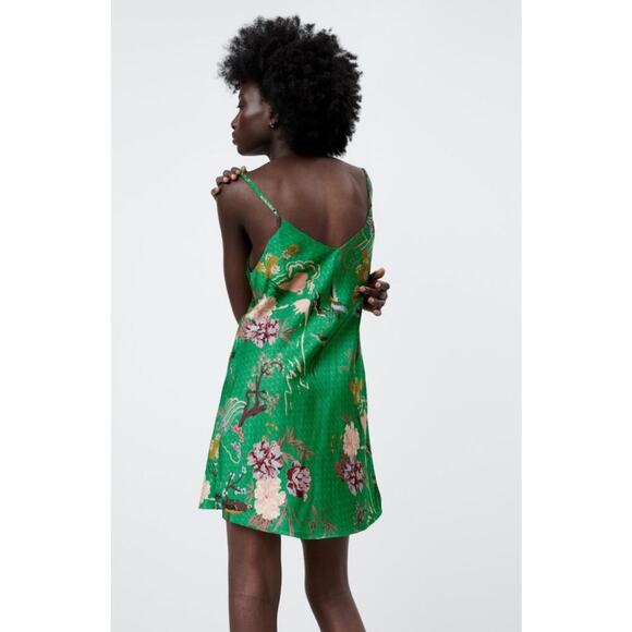 Zara Green Satin Effect Bird Print Slip Dress size Medium - Picture 7 of 8